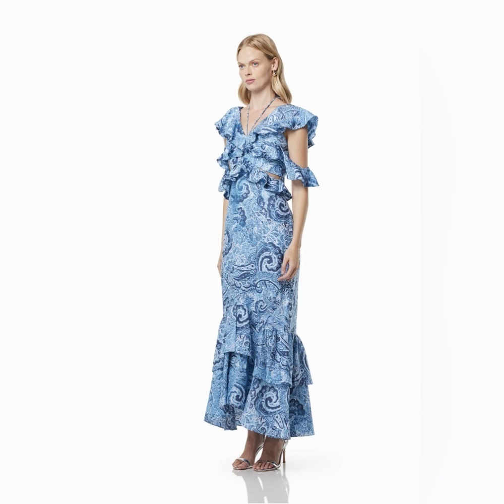 Elliatt Snow Printed Linen Gown Blue Floral Wedding Guest Vacation Summer - Picture 4 of 8